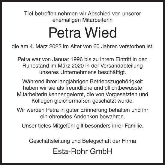 Traueranzeige von Petra Wied von Siegener Zeitung