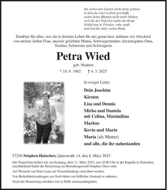 Traueranzeige von Petra Wied von Siegener Zeitung