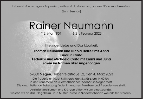 Traueranzeige von Rainer Neumann von Siegener Zeitung