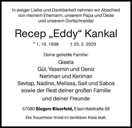 Traueranzeige von Recep Kankal von Siegener Zeitung