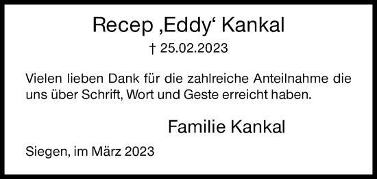 Traueranzeige von Recep Kankal von Siegener Zeitung