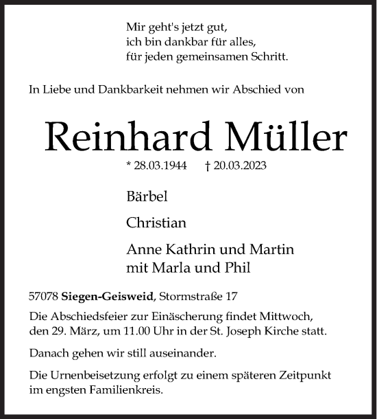 Traueranzeige von Reinhard Müller von Siegener Zeitung
