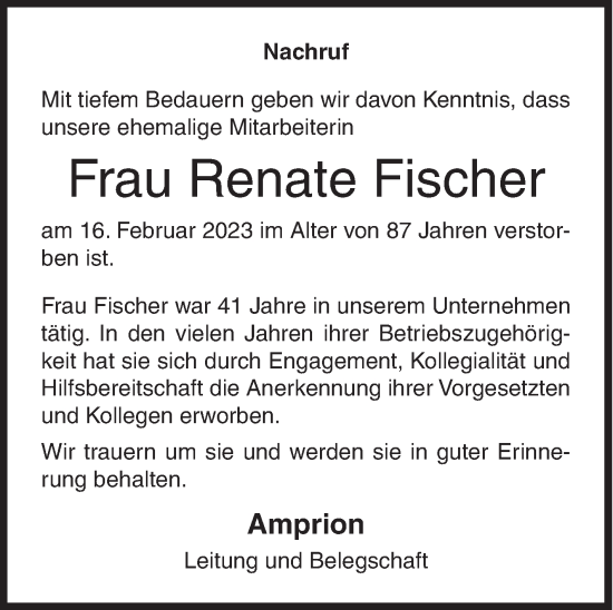 Traueranzeige von Renate Fischer von Siegener Zeitung
