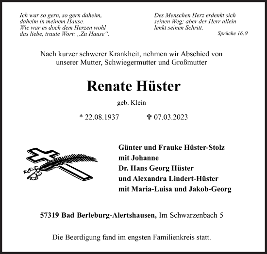 Traueranzeige von Renate Hüster von Siegener Zeitung
