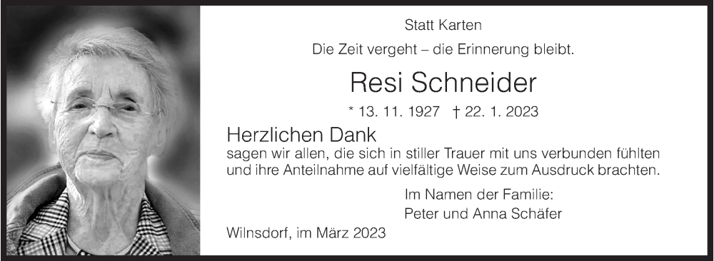  Traueranzeige für Resi Schneider vom 03.03.2023 aus Siegener Zeitung