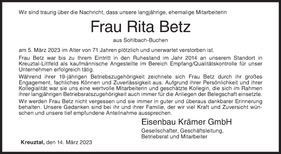 Traueranzeige von Rita Betz von Siegener Zeitung