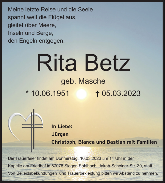 Traueranzeige von Rita Betz von Siegener Zeitung