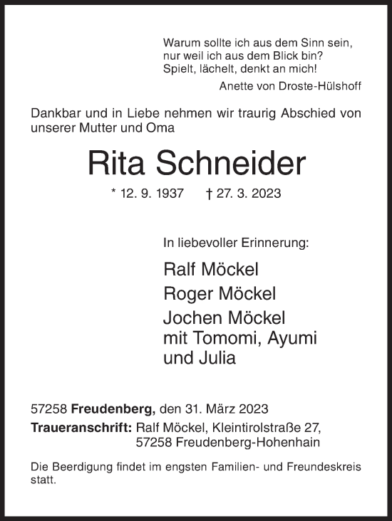 Traueranzeige von Rita Schneider von Siegener Zeitung
