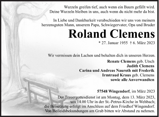 Traueranzeige von Roland Clemens von Siegener Zeitung