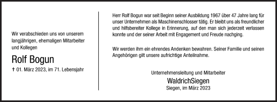 Traueranzeige von Rolf Bogun von Siegener Zeitung