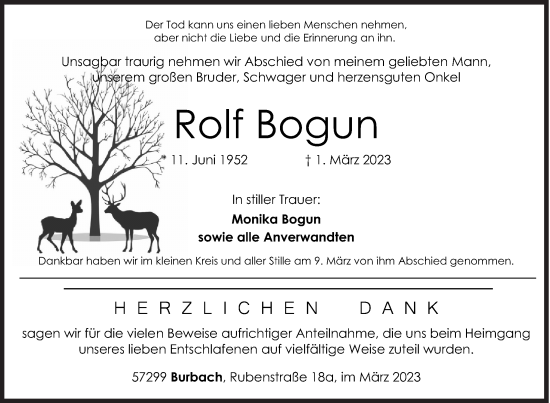Traueranzeige von Rolf Bogun von Siegener Zeitung