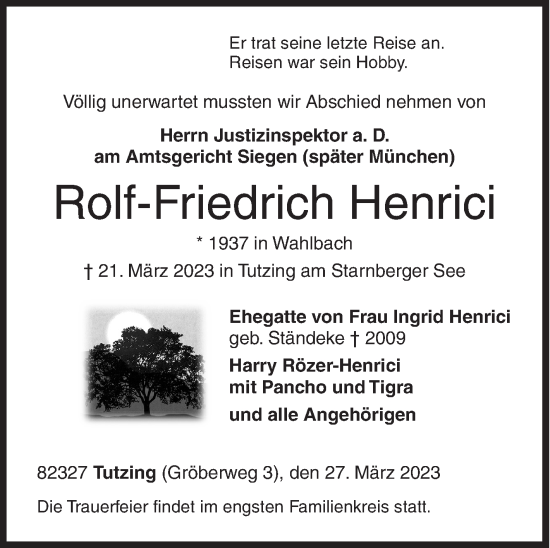 Traueranzeige von Rolf-Friedrich Henrici von Siegener Zeitung