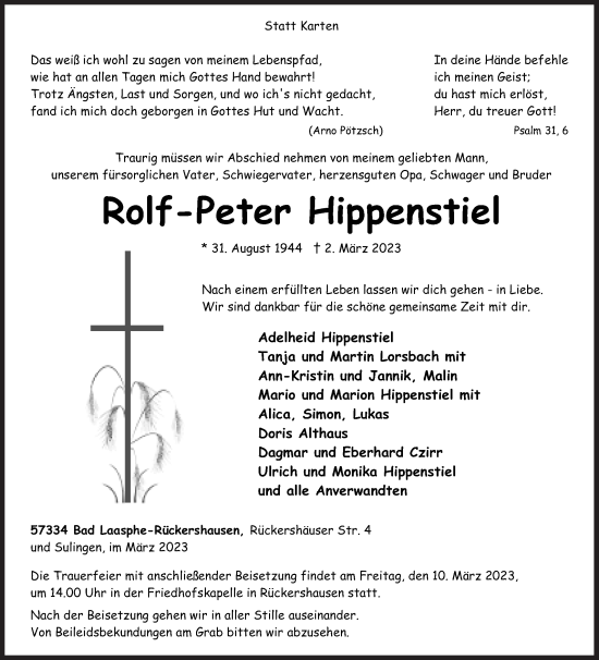 Traueranzeige von Rolf-Peter Hippenstiel von Siegener Zeitung