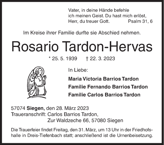 Traueranzeige von Rosario Tardon-Hervas von Siegener Zeitung