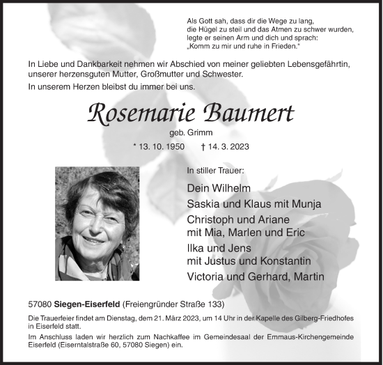 Traueranzeige von Rosemarie Baumert von Siegener Zeitung