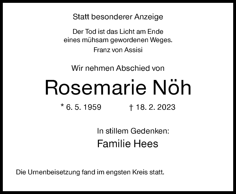  Traueranzeige für Rosemarie Nöh vom 11.03.2023 aus Siegener Zeitung
