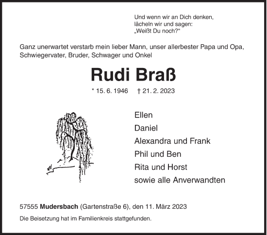 Traueranzeige von Rudi Braß von Siegener Zeitung