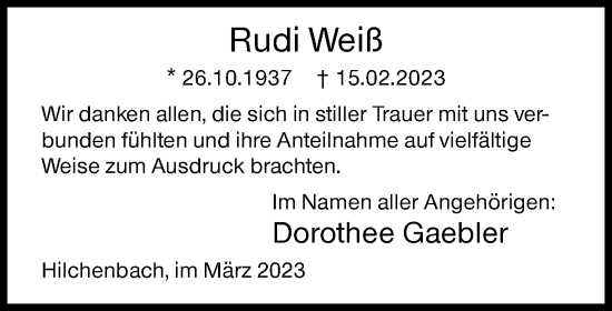 Traueranzeige von Rudi Weiß von Siegener Zeitung