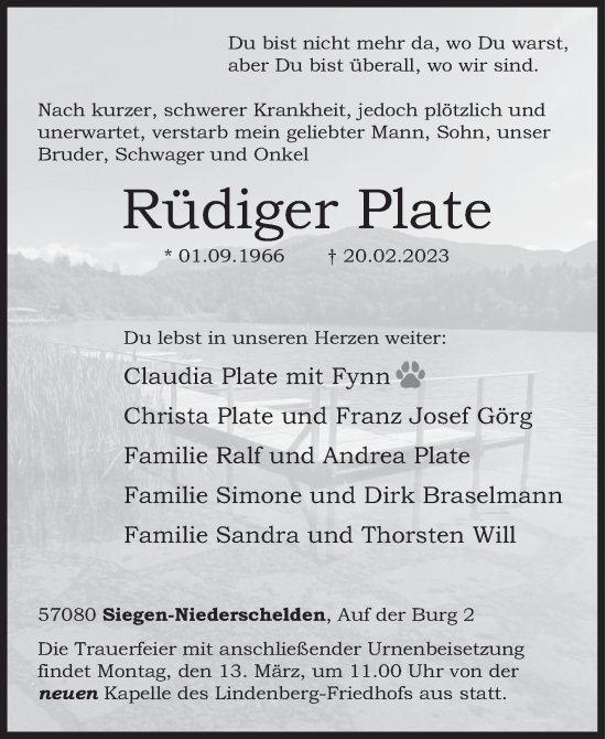 Traueranzeige von Rüdiger Plate von Siegener Zeitung