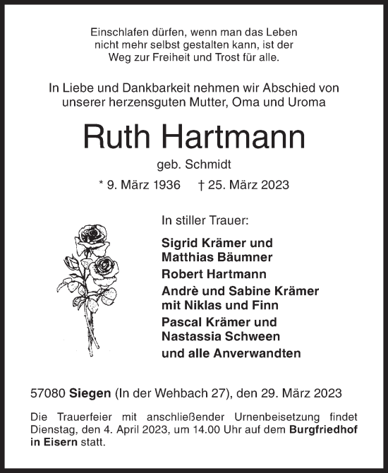 Traueranzeige von Ruth Hartmann von Siegener Zeitung