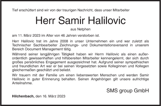 Traueranzeige von Samir Halilovic von Siegener Zeitung