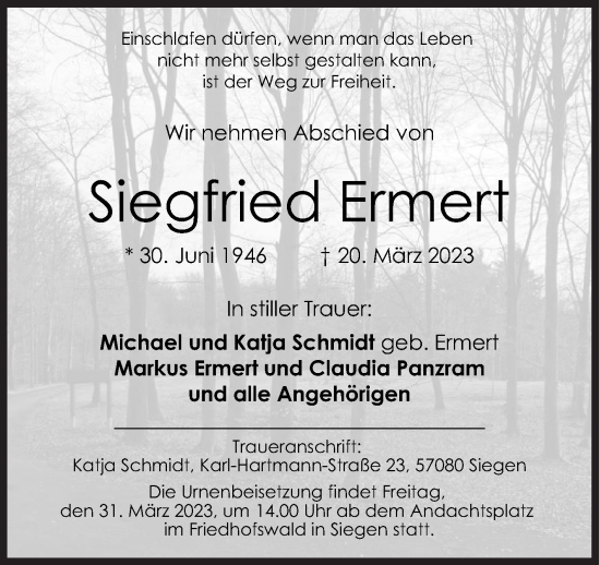 Traueranzeige von Siegfried Ermert von Siegener Zeitung