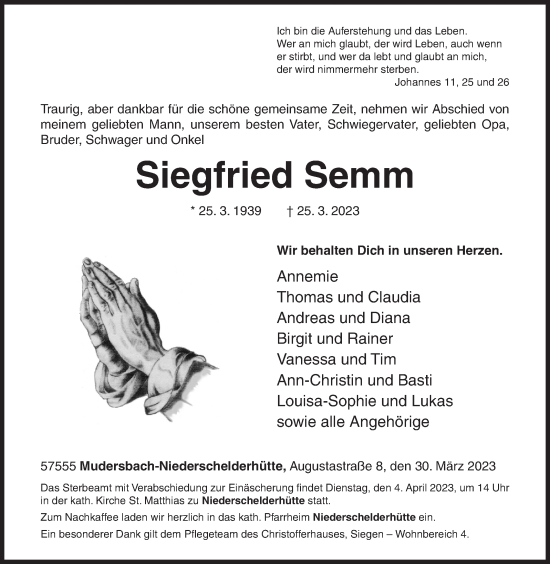 Traueranzeige von Siegfried Semm von Siegener Zeitung