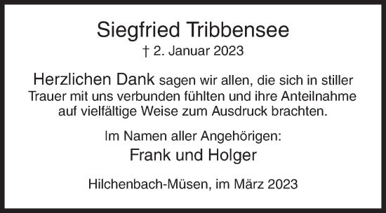Traueranzeige von Siegfried Tribbensee von Siegener Zeitung