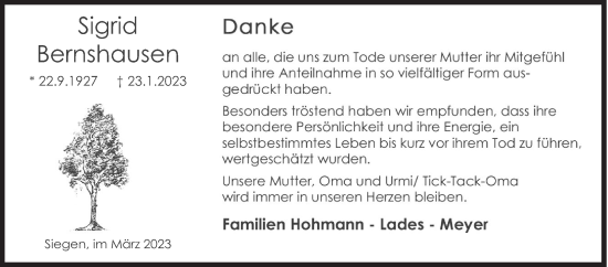 Traueranzeige von Sigrid Bernshausen von Siegener Zeitung