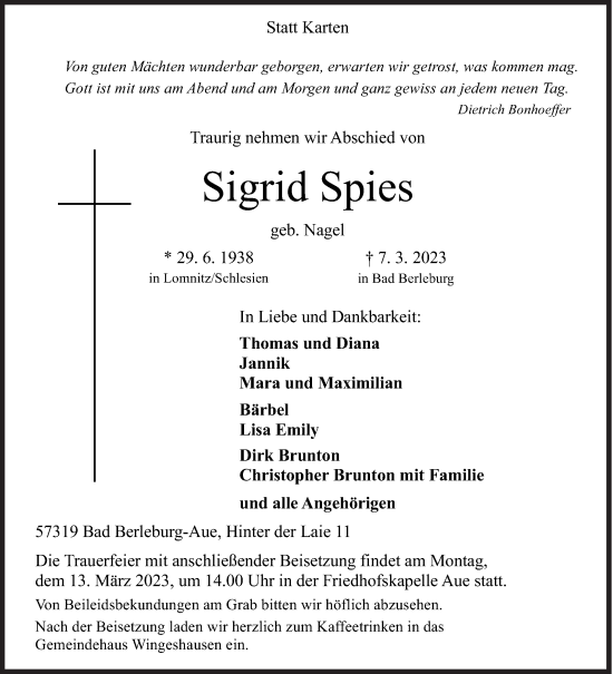 Traueranzeige von Sigrid Spies von Siegener Zeitung