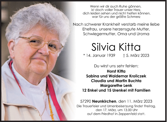 Traueranzeige von Silvia Kitta von Siegener Zeitung