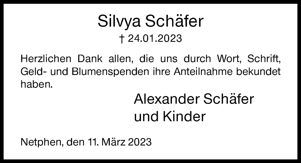  Traueranzeige für Silvya Schäfer vom 11.03.2023 aus Siegener Zeitung