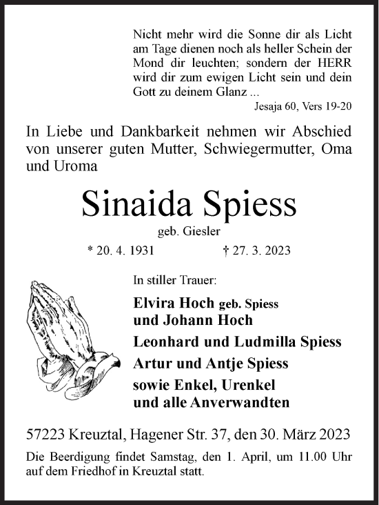 Traueranzeige von Sinaida Spiess von Siegener Zeitung