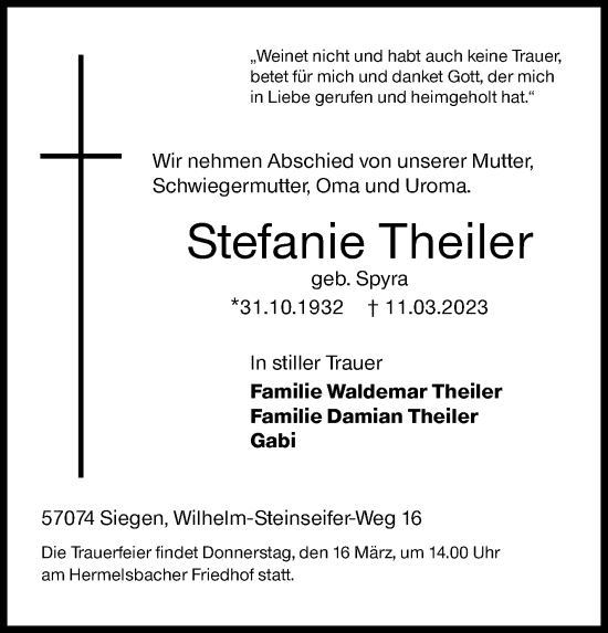 Traueranzeige von Stefanie Theiler von Siegener Zeitung