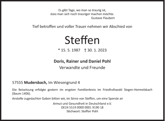 Traueranzeige von Steffen  von Siegener Zeitung