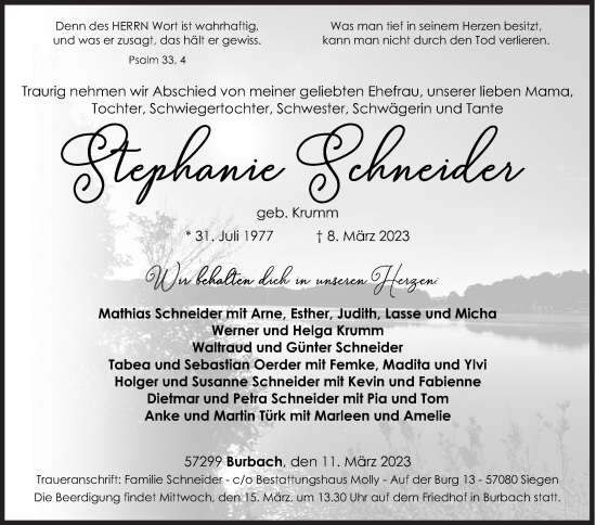 Traueranzeige von Stephanie Schneider von Siegener Zeitung