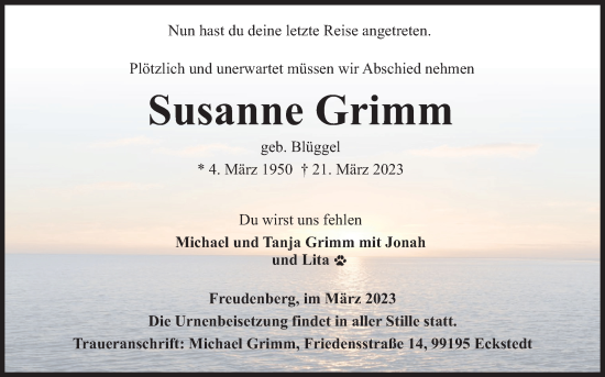 Traueranzeige von Susanne Grimm von Siegener Zeitung