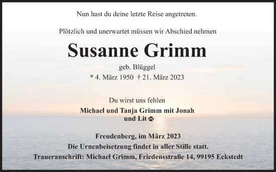 Traueranzeige von Susanne Grimm von Siegener Zeitung