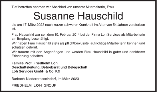 Traueranzeige von Susanne Hauschild von Siegener Zeitung