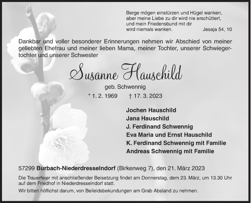  Traueranzeige für Susanne Hauschild vom 21.03.2023 aus Siegener Zeitung