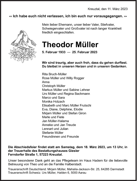 Traueranzeige von Theodor Müller von Siegener Zeitung