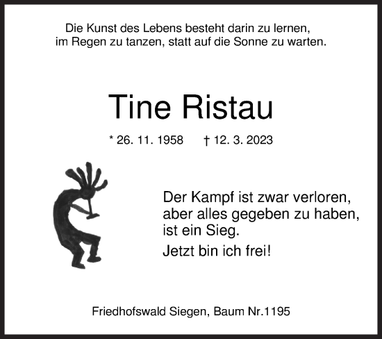 Traueranzeige von Tine Ristau von Siegener Zeitung