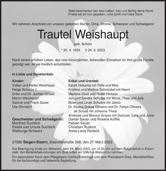 Traueranzeige von Trautel Weishaupt von Siegener Zeitung