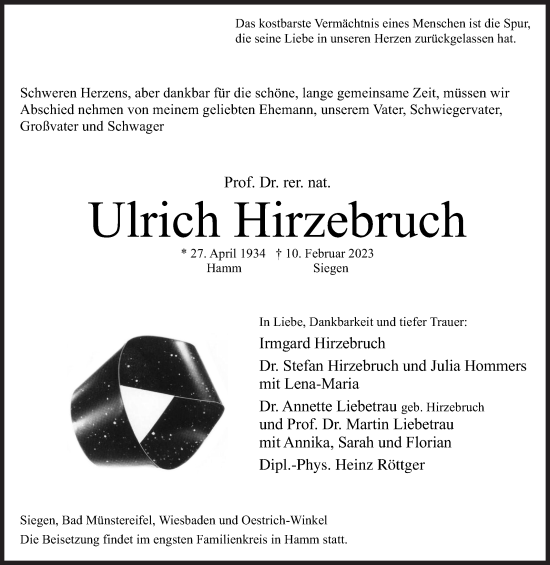 Traueranzeige von Ulrich Hirzebruch von Siegener Zeitung