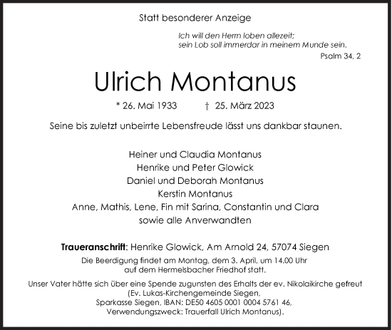 Traueranzeige von Ulrich Montanus von Siegener Zeitung