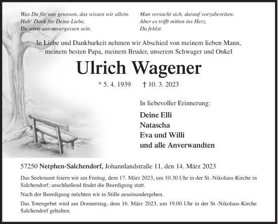 Traueranzeige von Ulrich Wagener von Siegener Zeitung