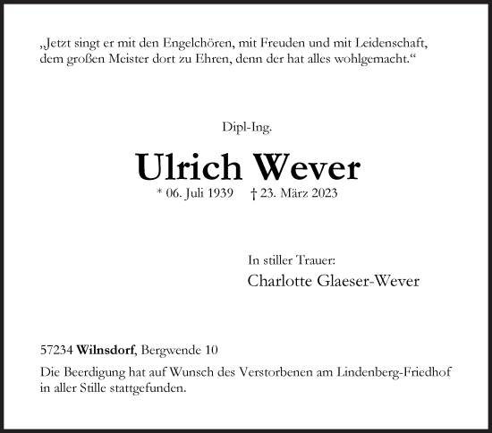 Traueranzeige von Ulrich Wever von Siegener Zeitung