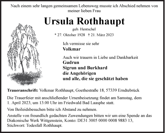 Traueranzeige von Ursula Rothhaupt von Siegener Zeitung