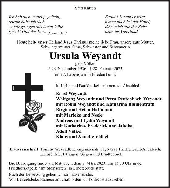 Traueranzeige von Ursula Weyandt von Siegener Zeitung