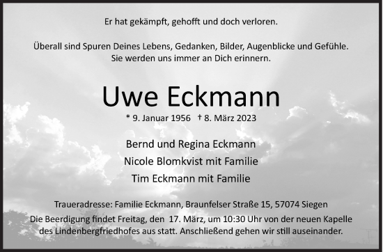Traueranzeige von Uwe Eckmann von Siegener Zeitung